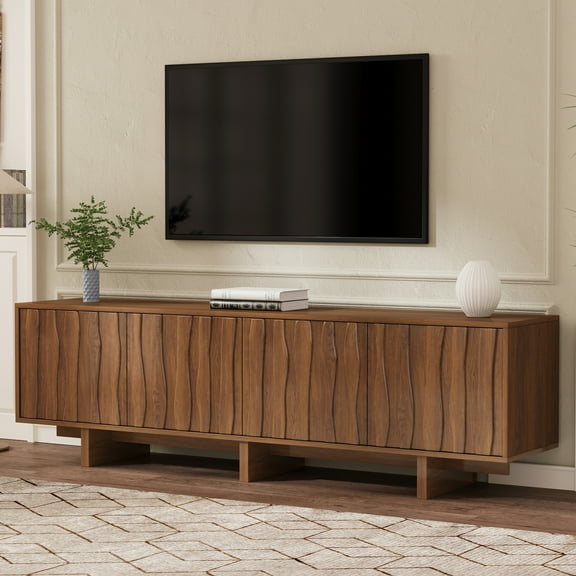 [Luckynote]Wood Grain TV Stand with Wavy Door Design for TVs up to 75", Rustic Media Console with Ample Storage Space, Sturdy Base TV Cabinet with Cable Management for Living Room, Bedroom, Walnut