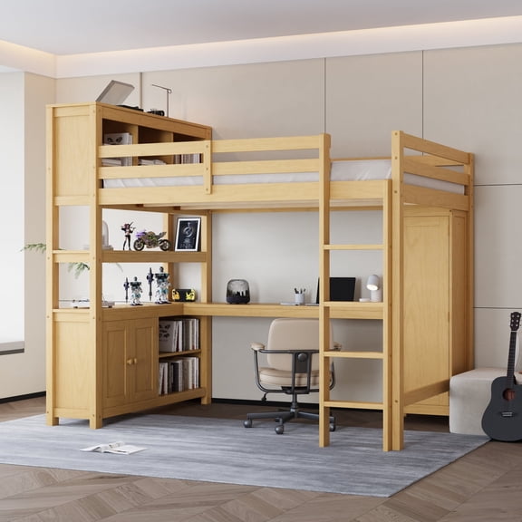 [Luckynote]Wood Loft Bed with Cabinet and Bookshelf, Queen Size Loft with Wardrobe and Desk ,Natural