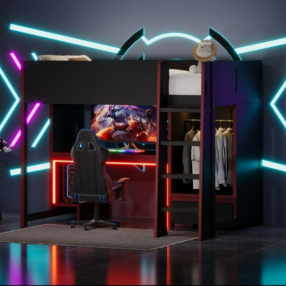 [Luckynote]Wood Twin Size Gaming Loft Bed with Built-in Desk, Wardrobe, LED and a Drawer, Black