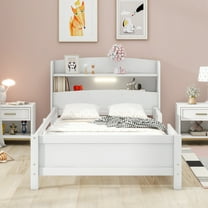 [Luckynote]Wood Twin Size Platform Bed with Built-in LED Light, Storage Headboard and Guardrail, White