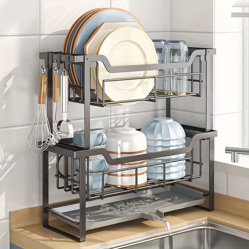 Luckytree 2-Tier Dish Drying Rack, Large Space-Saving Dish Racks,Narrow Dish Drainer for Kitchen Counter Organizer ,6.7"W x 17"L,Black