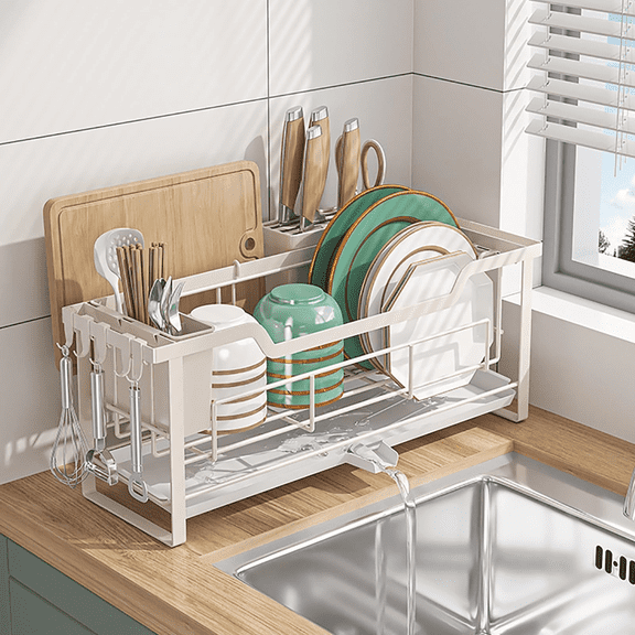 Luckytree Dish Drying Rack, 2-Tier Anti-Rust Dishracks, Dish Drainer for Kitchen and Apartment Counter, White
