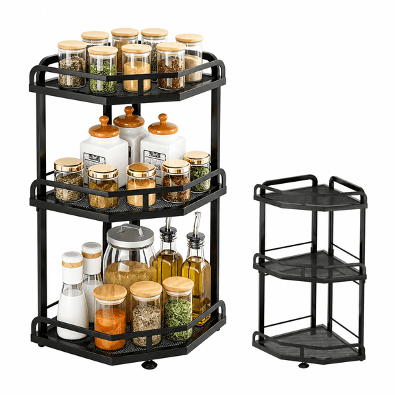 Luckytree 3-Tier Corner Spice Rack, 21.7" H Black Metal Organizer