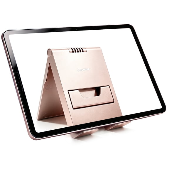 LucraveAdjustable Portable Foldable Desktop Tablet Stand Base Compatible with iPad 10.2, iPad Pro 11 Inch, iPad 9.7, iPad Mini 5 4 3 2, iPad Air, iPhone 13 12 Pro Max 11 XS XR, Rose Gold