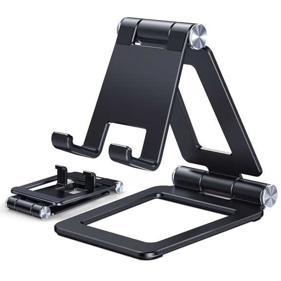CreaDream Cell Phone Stand, Updated Adjustable Desktop Phone Holder Cradle,Fully Foldable, Thick Case Friendly, Portable Aluminum Compatible with All Mobile Phones, Switch, Tablets(4-10in)-Black