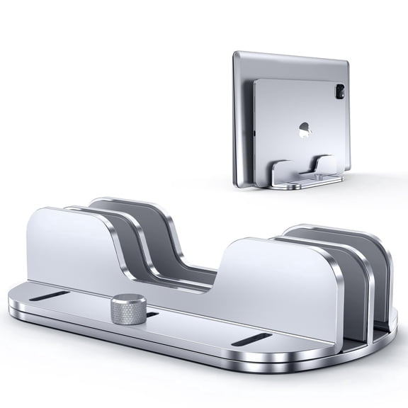 Vertical Laptop Stand Holder for Desk, Aluminium Dual Slots Laptop Stand with Adjustable Dock Fits All MacBook, Surface, HP, Dell, Chromebook, Lenovo, Up to 17.3-inch Laptop & Tablet