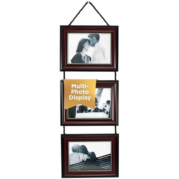 Lucy Collage Frame, Picture Frame with 3 Frames, Holds Three Horizontal 5" x 7" Photos, Wall Mount Photo Frame with Hanging Rope, Durable Frame for Photo Display, 9.25" x 7.25&Dark Brown
