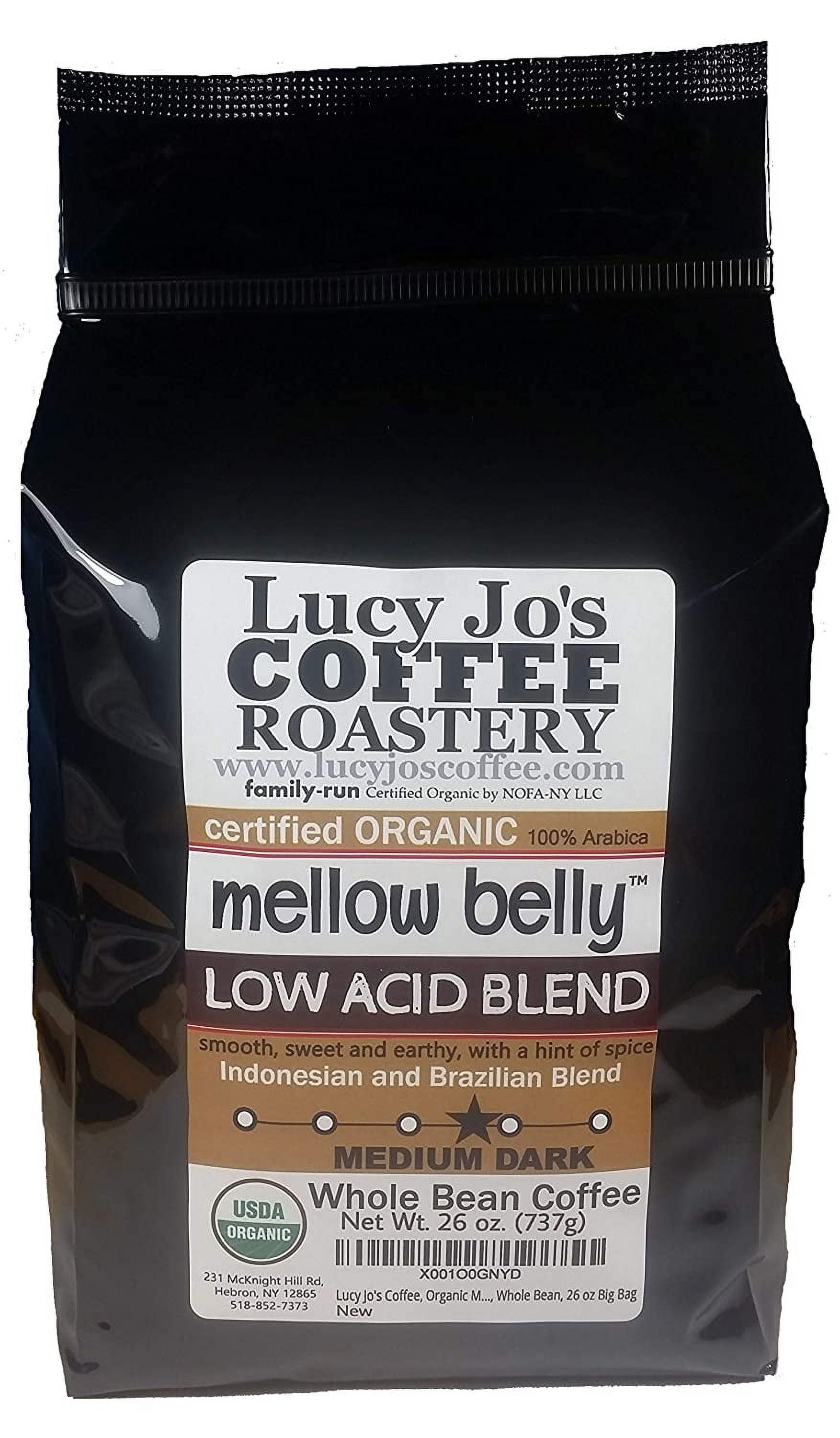 Lucy Jo's Coffee, Organic Mellow Belly Low Acid Blend, Medium Dark Roast, Whole Bean, 11 oz (26