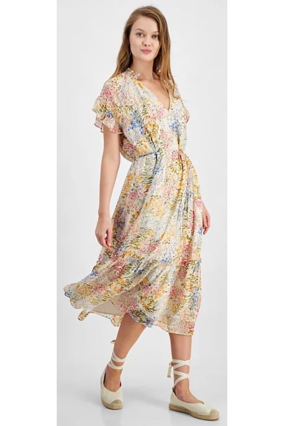 FLORAL Women's Camellia Ruffled Printed Tie-Waist Dress, US Large