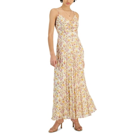 Lucy Paris Imelda Pleated Metallic Dress, Yellow Floral, Small