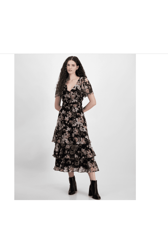 Women's Claire Smocked-Waist Tiered Dress - Black Pink Floral