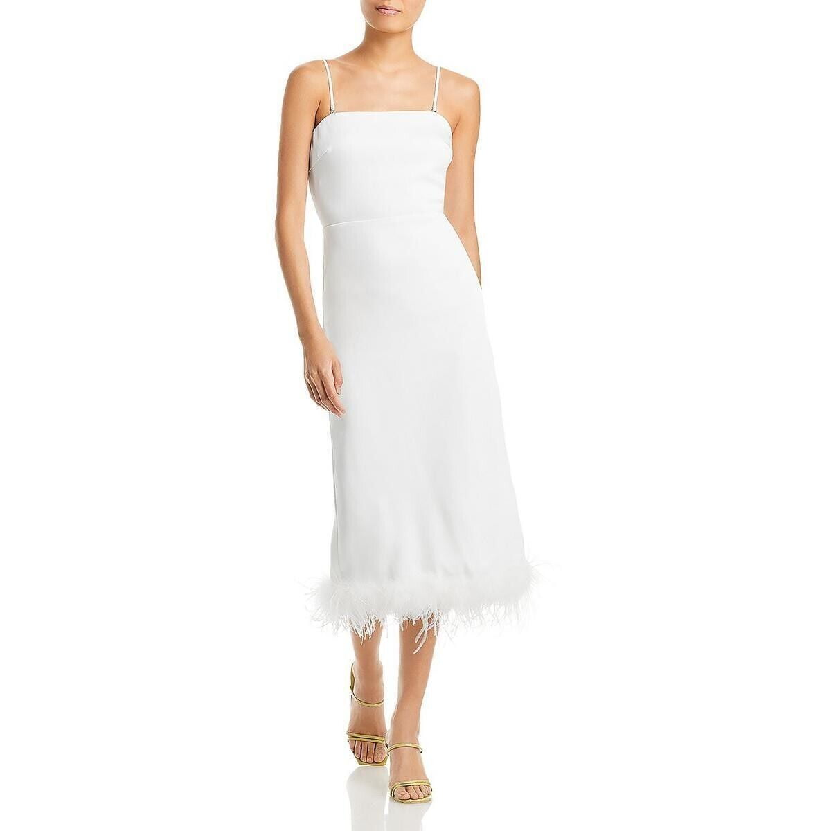 knee length dresses for ladies White crepe feather midi dress