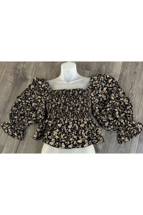 Women's Smocked Top Black Floral XS B4HP $78