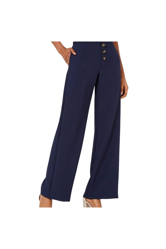 Womens Navy Button-front Wide Leg Pants Size: L
