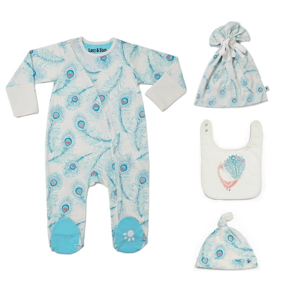 Lucy & Sam White Peacock Baby Bundle, 4 - Pieces, Sizes Newborn to 12 Months