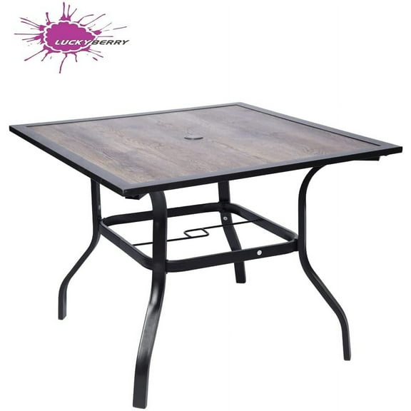 Lucyberry Square Backyard Bistro Table Patio Dining Table Outdoor Furniture Garden Table, Imitation of Wooden Surface Top, 1.57 Umbrella Hole, Wooden Color