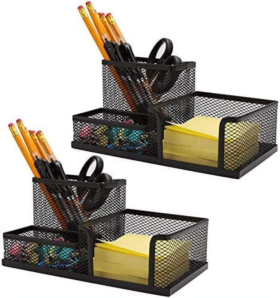 Ludato 2 Pieces Mesh Pen Holder Desk Organizers，3 Compartments Black Mesh  Pencil Holder for Office Desk Gifts for Colleague