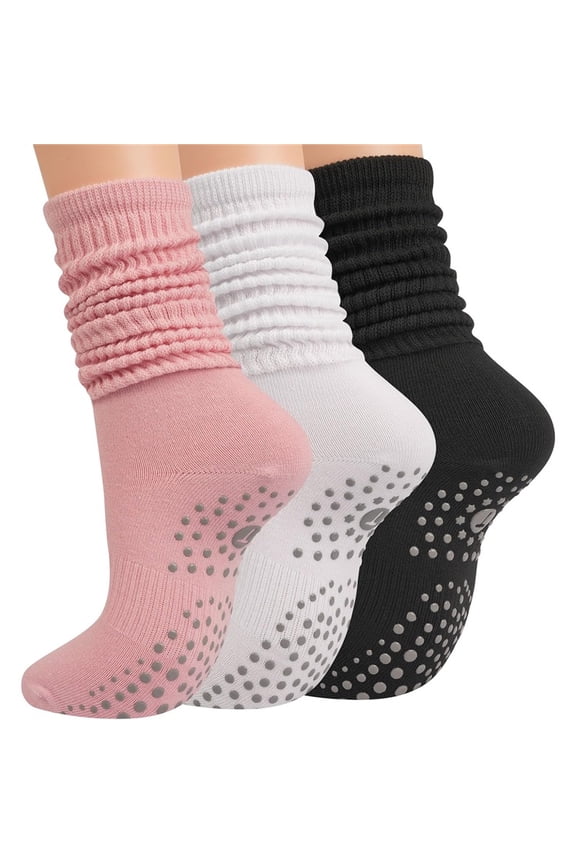 3-8 Pairs Grip Pilates Socks for Women, Yoga Slouch Socks with Grip for Barre Workout Hospital Long Scrunch Slipper Socks