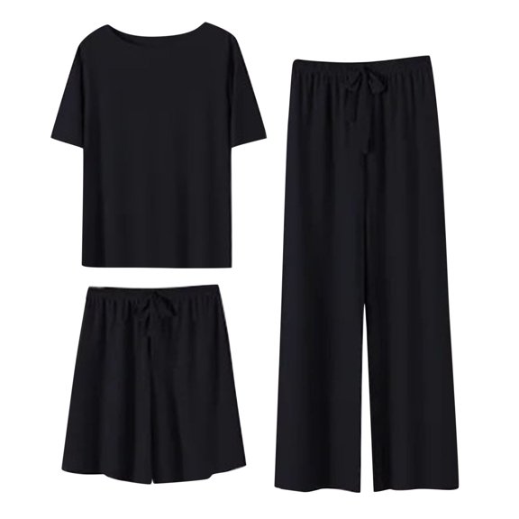 Ludearly 3 Piece Lounge Sets For Women Ice Silk Short Sleeve Tops And Shorts&Long Pants Loose Matching Pajama Sets Loungewear Sweatsuits