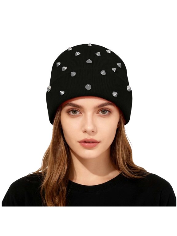 Black Spike Stud Beanie, Winter Knit Beanie, for Winter Daily Wear, Ski Trips And Snow Outings, Winter Gift for Family and Friends