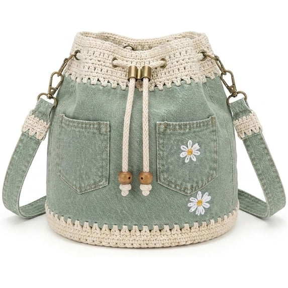 Ludearly Denim Crochet Bucket Bag, Drawstring Crossbody Shoulder Purse | Boho Denim Handbag for Women, Casual Vintage Tote Bag with Adjustable Strap for Travel, Shopping, Beach & Daily Use