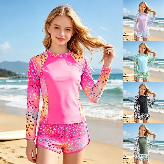 Ludearly Girls Rash Guard Long Sleeve Swimsuit 2 Piece Bathing Suit UPF 50+ Summer Beach Swimwear for Girl 5-14 Years