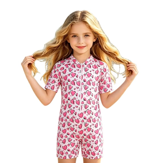 Ludearly Girls Rash Guard Swimsuit One Piece Short Sleeve Front Zipper Swimwear UPF 50+ Bathing Suits 11-12 Years&Multicolour#02