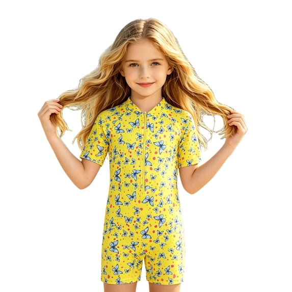 Ludearly Girls Rash Guard Swimsuit One Piece Short Sleeve Front Zipper Swimwear UPF 50+ Bathing Suits 5-6 Years&Yellow