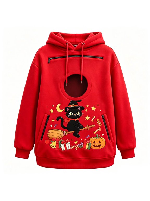 Halloween Pet Carrier Hoodie for Women Men, Oversized Dog Pouch Sweatshirt, Hands-Free Kangaroo Pocket Cat Dog Holder Pullover