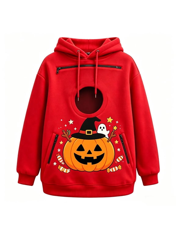 Halloween Pet Carrier Hoodie for Women Men, Oversized Dog Pouch Sweatshirt, Hands-Free Kangaroo Pocket Cat Dog Holder Pullover