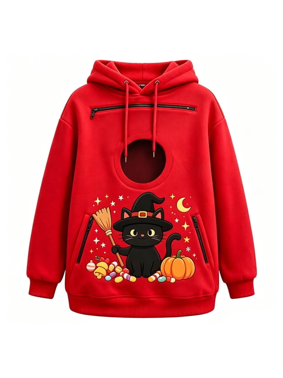 Halloween Pet Carrier Hoodie for Women Men, Oversized Dog Pouch Sweatshirt, Hands-Free Kangaroo Pocket Cat Dog Holder Pullover