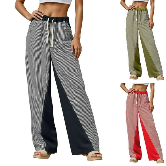 Ludearly High Waisted Striped Pants for Women Casual Linen Pants for Women Pull On Drawstring Boho Wide Leg Jeans Trendy 2025