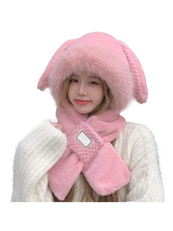 Light Pink Floppy Ear Plush Trapper Set Flap Beanie, Warm Ear Flap Hat, for Winter Daily Wear, Ski Trips And Snow Outings, Winter Gift for Family and Friends