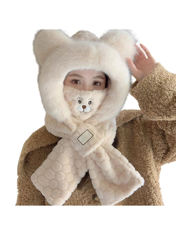 Light Yellow Plush Teddy Bear Ear Balaclava Hood, Winter Balaclava Hood, for Winter Daily Wear, Ski Trips And Snow Outings, Winter Gift for Family and Friends