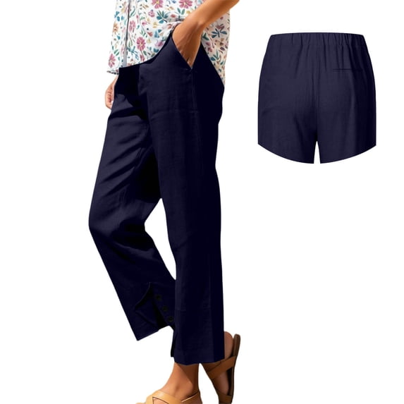 Ludearly Linen Pants for Women Beach Summer Plus Size Elastic Waist Straight Leg Crop Button Casual Trousers with Pockets