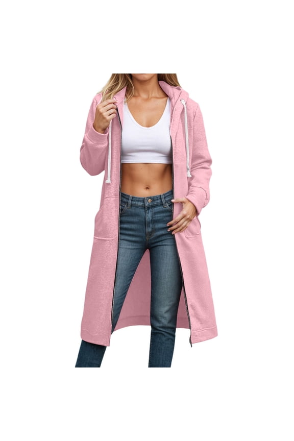 Long Hoodies for Women Zipper Hooded Jacket Fall/Winter Lightweight Casual Tunic Sweatshirts with Pockets