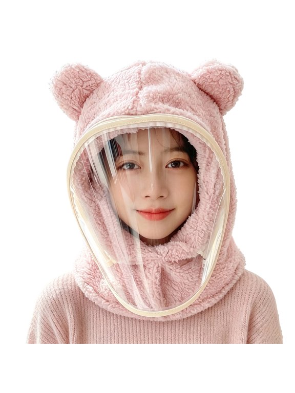 Pink Bear Ear Plush with Face Shield Balaclava Hood, Winter Balaclava Hood, for Winter Daily Wear, Ski Trips And Snow Outings, Winter Headwear