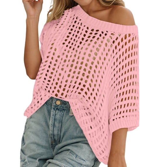 Ludearly Short Sleeve Crochet Sweater Lightweight Summer Tops Loose Hollow Out Crewneck Pullover