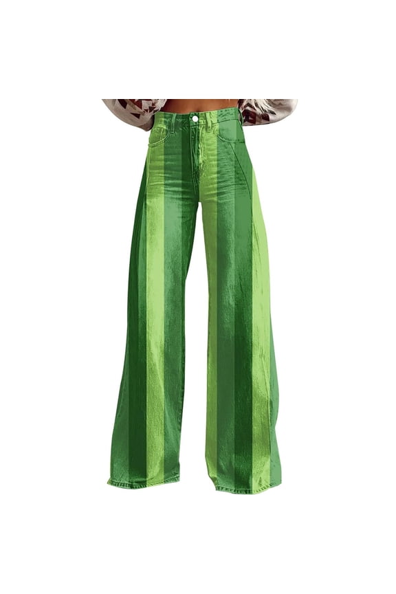St Patricks Day Pants for Women High Waist Wide Leg Baggy Jeans Irish Shamrock Print Pant Clover Denim Look Flare Jean S&Green#08