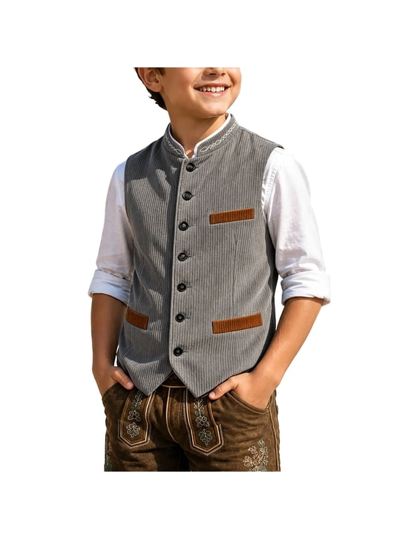 Vest for Boys Formal Casual Boys Herringbone Stand-Up Collar Suit Vest Kids Corduroy Tweed Sleeveless Waistcoat with Pocket for Outdoor Traditional Oktoberfest Wedding Retro