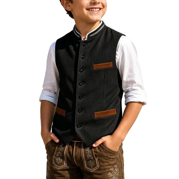 Ludearly Vest for Boys Formal Casual Boys Herringbone Stand-Up Collar Suit Vest Kids Corduroy Tweed Sleeveless Waistcoat with Pocket for Outdoor Traditional Oktoberfest Wedding Retro