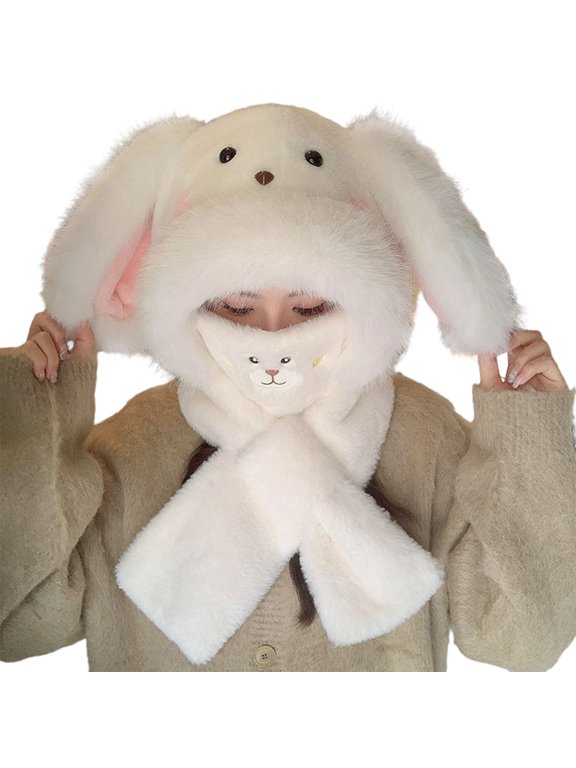 White Floppy Ear Plush Flap Beanie Set with Scarf and Mask, for Winter Daily Wear, Ski Trips And Snow Outings, Winter Gift for Family and Friends