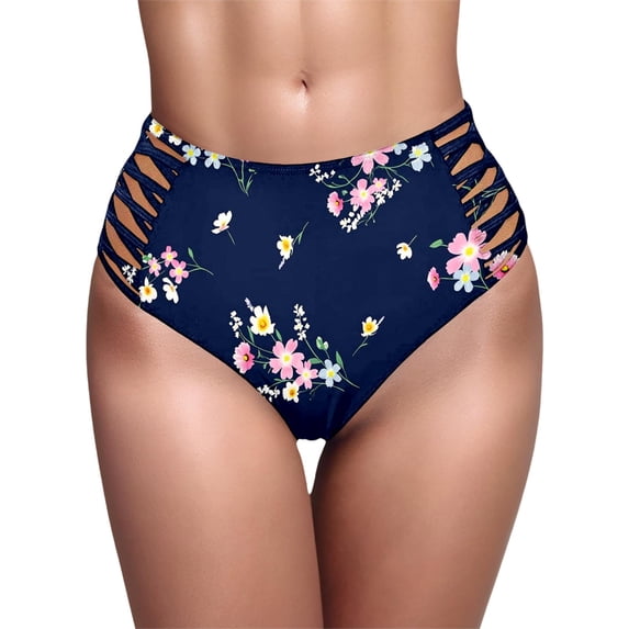 Ludearly Women High Waisted Bikini Bottoms Tummy Control Swimsuit Bottoms Strappy Swim Bottom XL&Navy