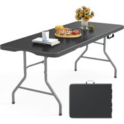Ludfirm Folding Table 6FT White Portable Rectangle Table with Carry Handle Heavy Duty Plastic Dining Table 350LBS Capacity for Indoor Outdoor Picnic Camping Party Events Black, 6FT