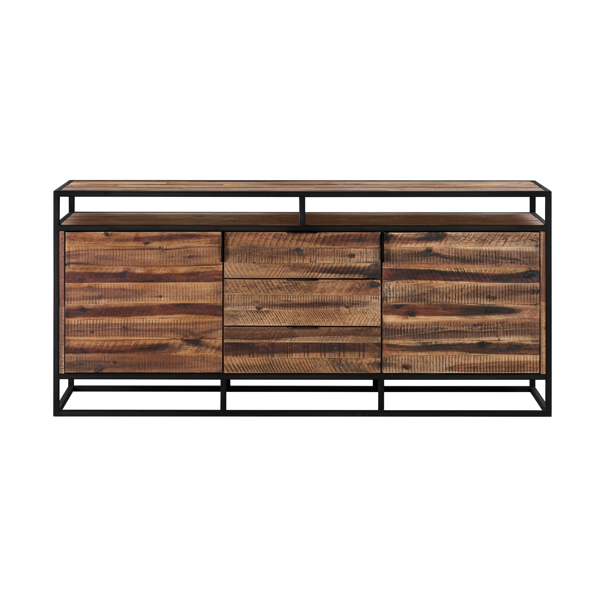 Ludgate Minimalist Acacia Wood & Black Metal 3-Drawer Sideboard Buffet