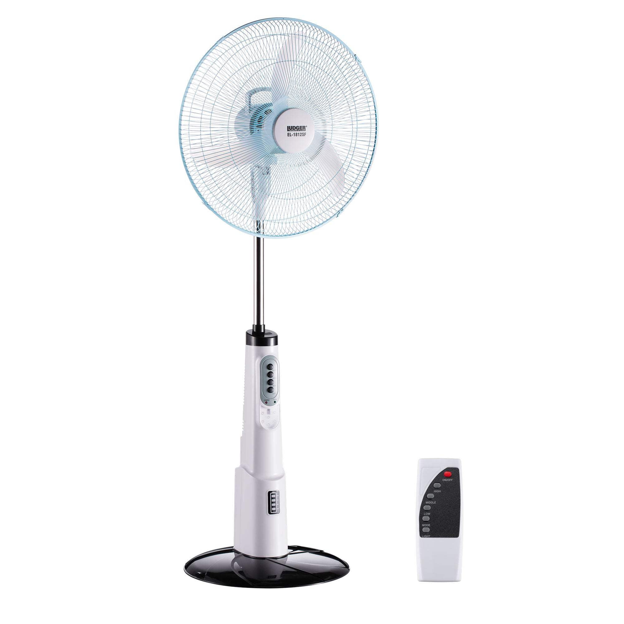 Ludger 18" Rechargeable Oscillating Fan (EL-1812SF), Long Battery Life, 3 Speeds, USB, LED, Quiet Cooling, Carrying Handle, 80 Degree Oscillation, Adjustable Height, Remote Control