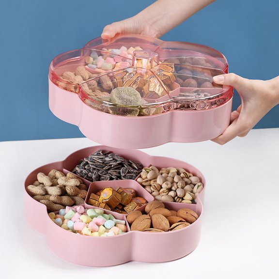 Ludlz 1/2-Tier Flower Shape Candy and Nut Serving Container, Appetizer Tray with Lid, 6 Compartment Round Plastic Food Storage Lunch Organizer, Divided Christmas Snack Plate