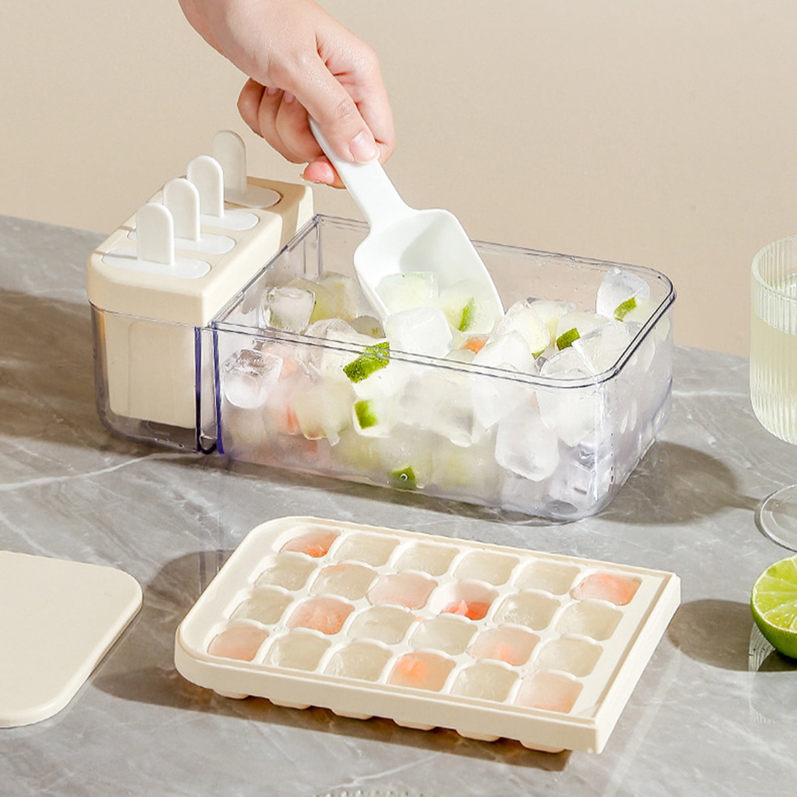 Ludlz 1 Set 2In1 Ice Cube Tray with Lid Scraper Storage Box 24