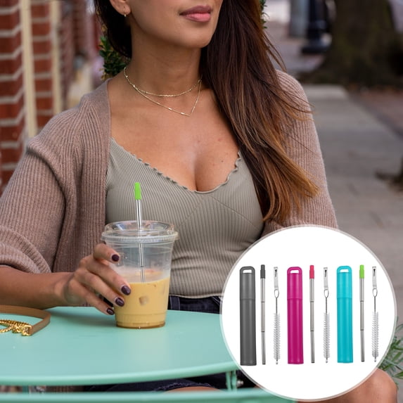 Ludlz 1 Set Drinking Water Straw with Cleaning Brush Collapsible Retractable Portable Stainless-Steel Cup Straws Kitchen Tool
