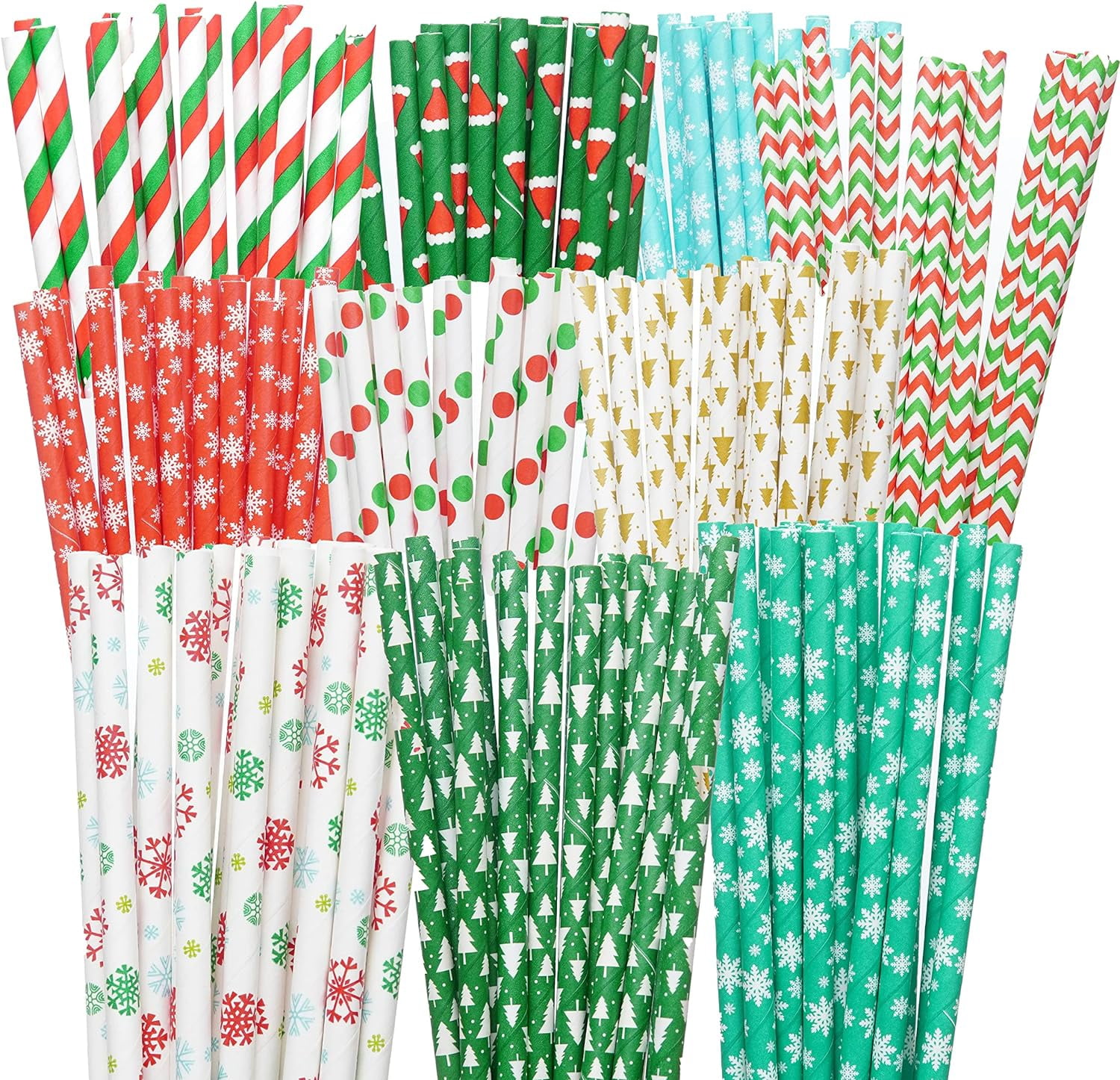 Ludlz 100 Christmas Paper Straws, Red Green White Gold Biodegradable